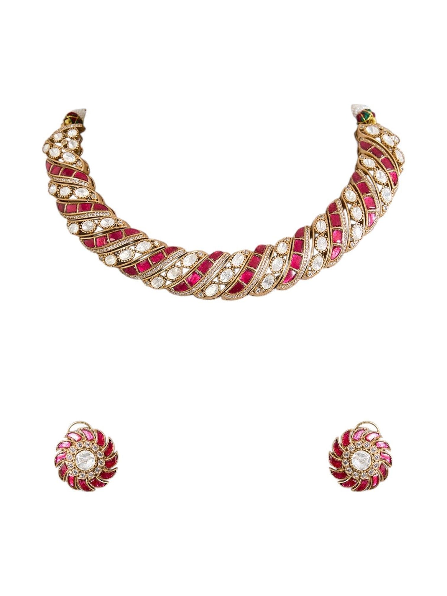 Gold Finish Kundan Polki & Ruby Red Stone Choker Necklace Set - Auraa Trends