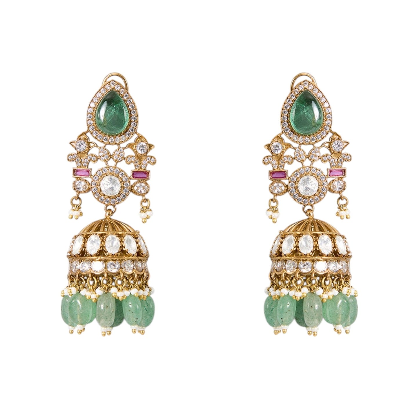 Gold Finish Kundan Polki & Soft Green Drop Choker Necklace Set - Auraa Trends - Necklace - - Auraa Trends - Gold Finish Choker Necklace with Kundan Polki and Soft Green Drops Traditional Kundan Polki Necklace Set for Festive Occasions Bridal Choker Necklace with Green Stone Drops and Earrings Ethnic Necklace Set for Women – Gold Finish with Soft Green Accents