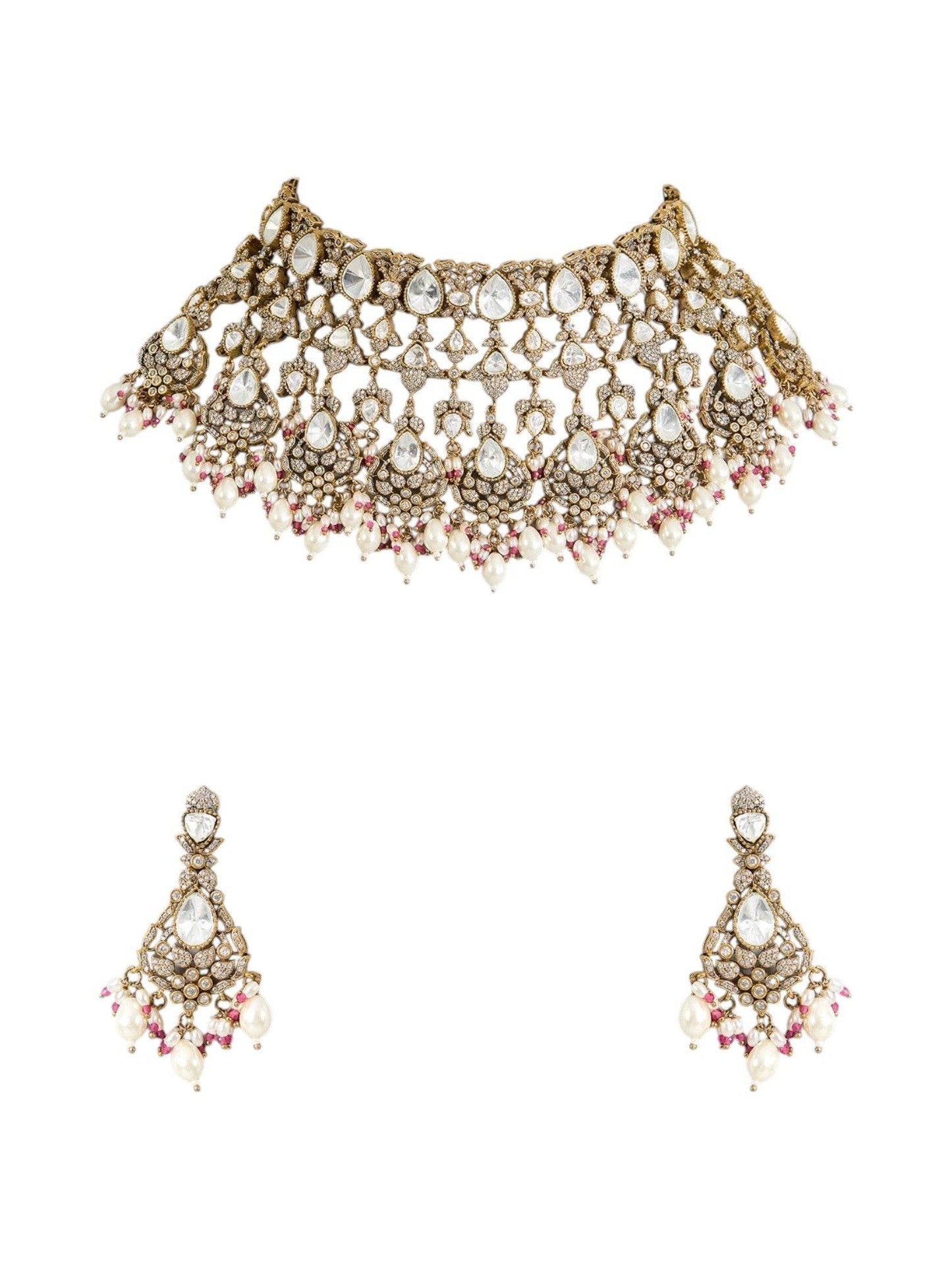 Gold Finish Kundan Polki & Soft Pink Beaded Layered Choker Necklace Set - Auraa Trends