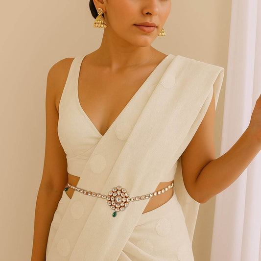 Gold Finish Kundan Polki Waist Belt - Auraa Trends