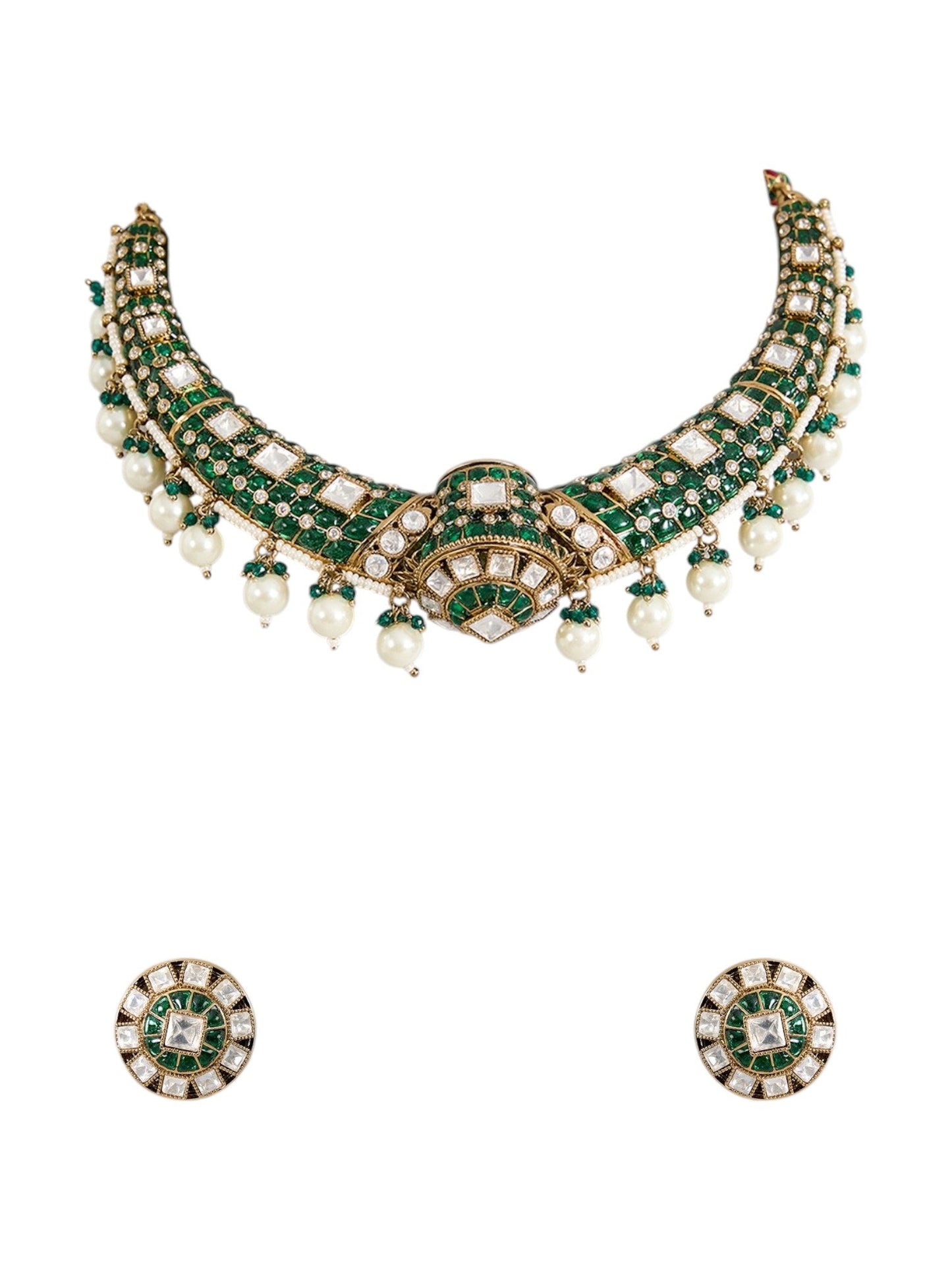 Gold Finish Kundan Stone Choker Necklace Set with Emerald Enamel Detailing - Auraa Trends - Necklace - - Auraa Trends - Gold Finish Emerald Enameled Kundan Choker Necklace Set Pearl - Cut Kundan Stone Necklace with Matching Earrings Traditional Indian Choker Necklace with Emerald Enamel Bridal Festive Wear Kundan Choker Set for Women