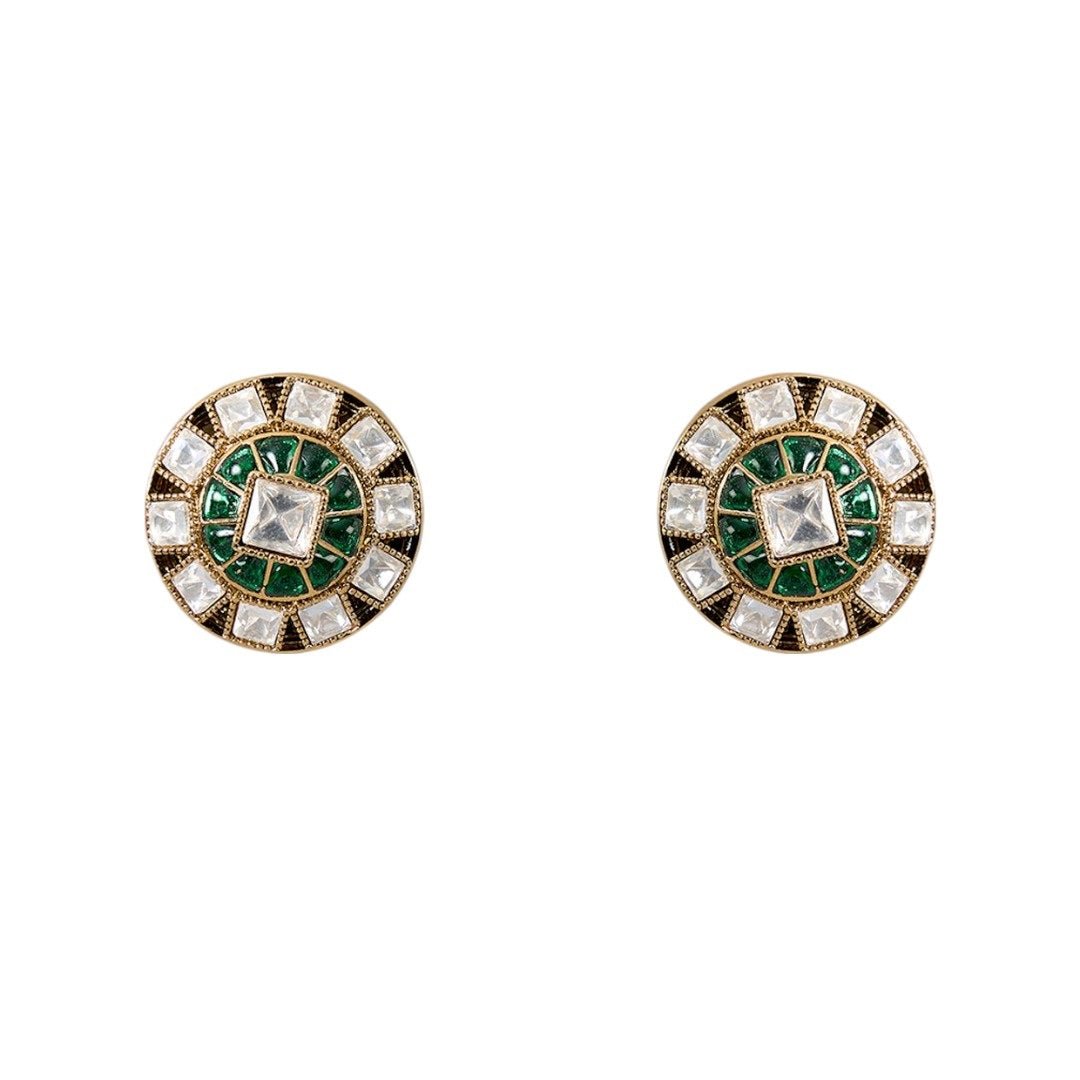 Gold Finish Kundan Stone Choker Necklace Set with Emerald Enamel Detailing - Auraa Trends - Necklace - - Auraa Trends - Gold Finish Emerald Enameled Kundan Choker Necklace Set Pearl - Cut Kundan Stone Necklace with Matching Earrings Traditional Indian Choker Necklace with Emerald Enamel Bridal Festive Wear Kundan Choker Set for Women