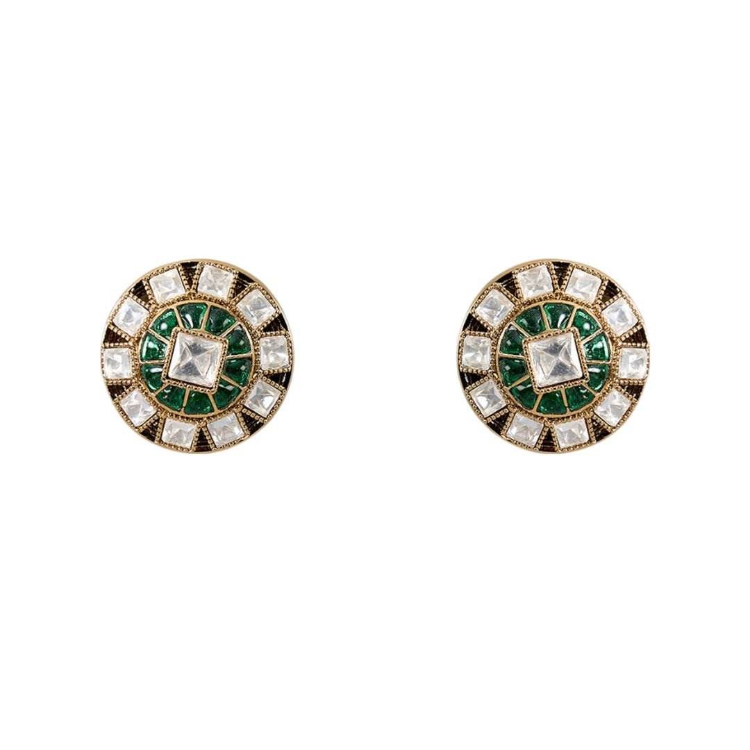 Gold Finish Kundan Stone Choker Necklace Set with Emerald Enamel Detailing - Auraa Trends