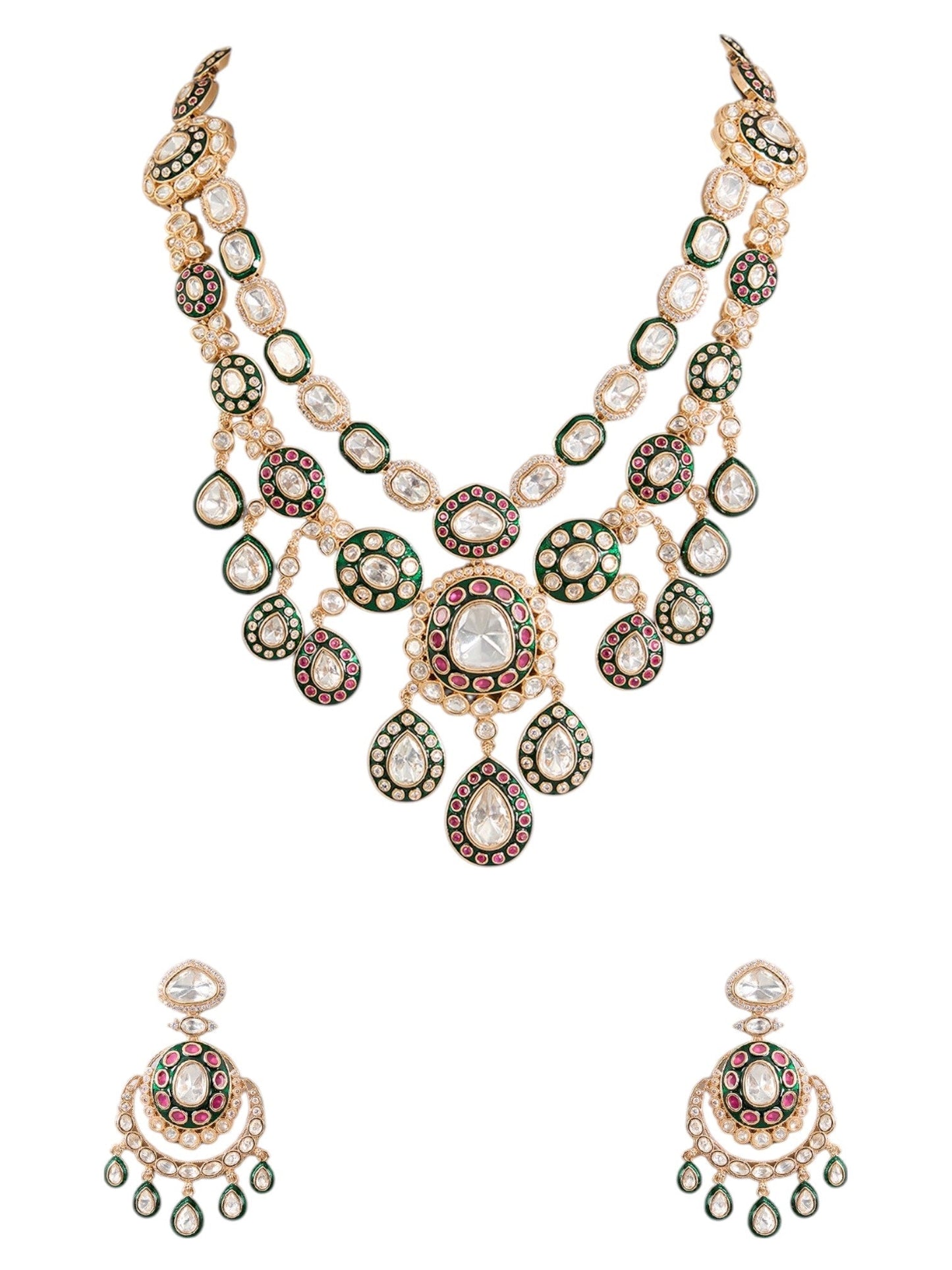 Gold Finish Kundan Stone Layered Necklace Set - Auraa Trends - Necklace - - Auraa Trends - Gold Finish Kundan Stone Layered Necklace Set