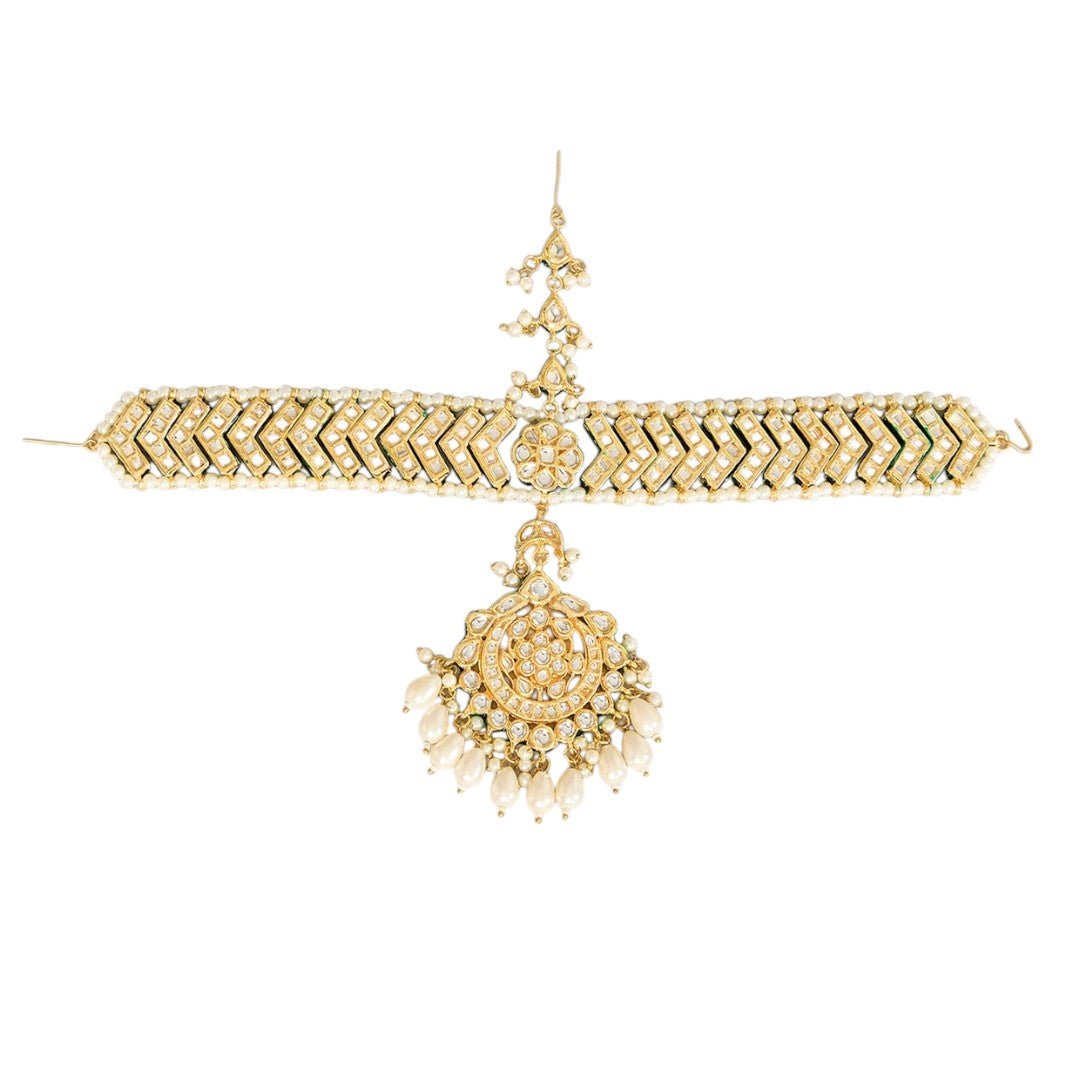 Gold Finish Kundan Stone & Pearl Chain Mathapatti - Auraa Trends - Mathapati - # - Auraa Trends - Gold Finish Kundan Stone & Pearl Chain Mathapatti