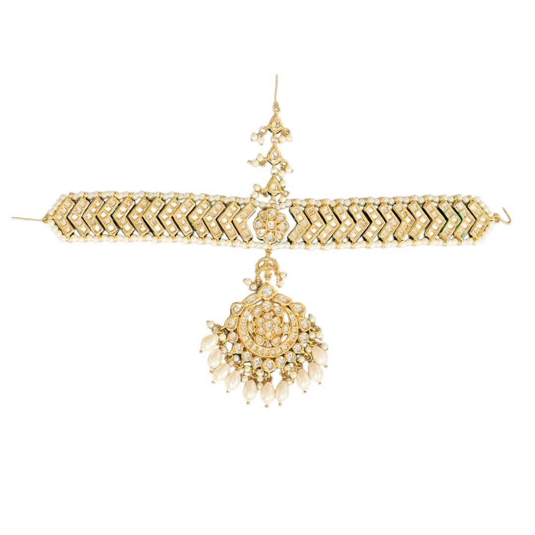 Gold Finish Kundan Stone & Pearl Chain Mathapatti - Auraa Trends