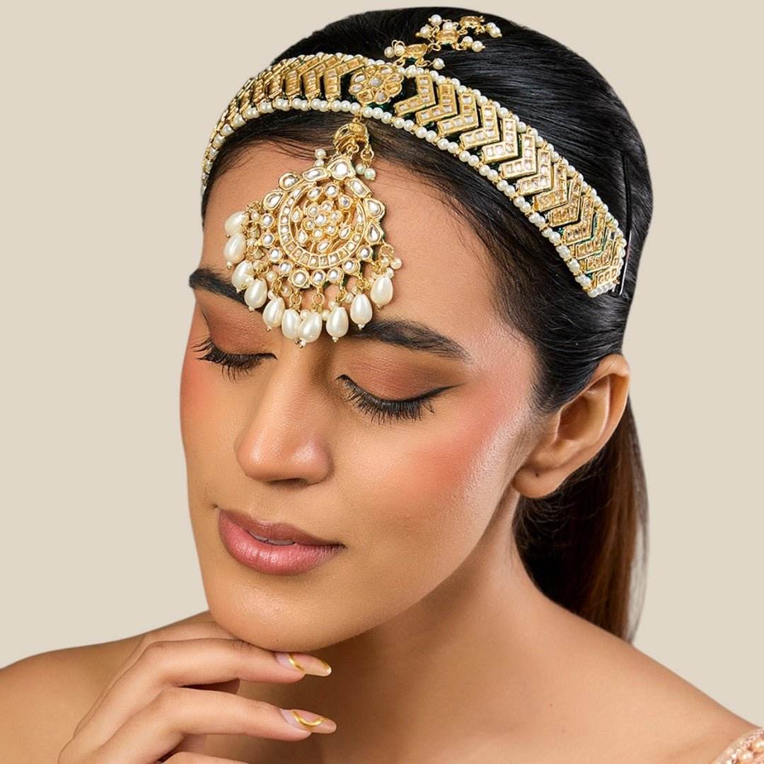 Gold Finish Kundan Stone & Pearl Chain Mathapatti - Auraa Trends