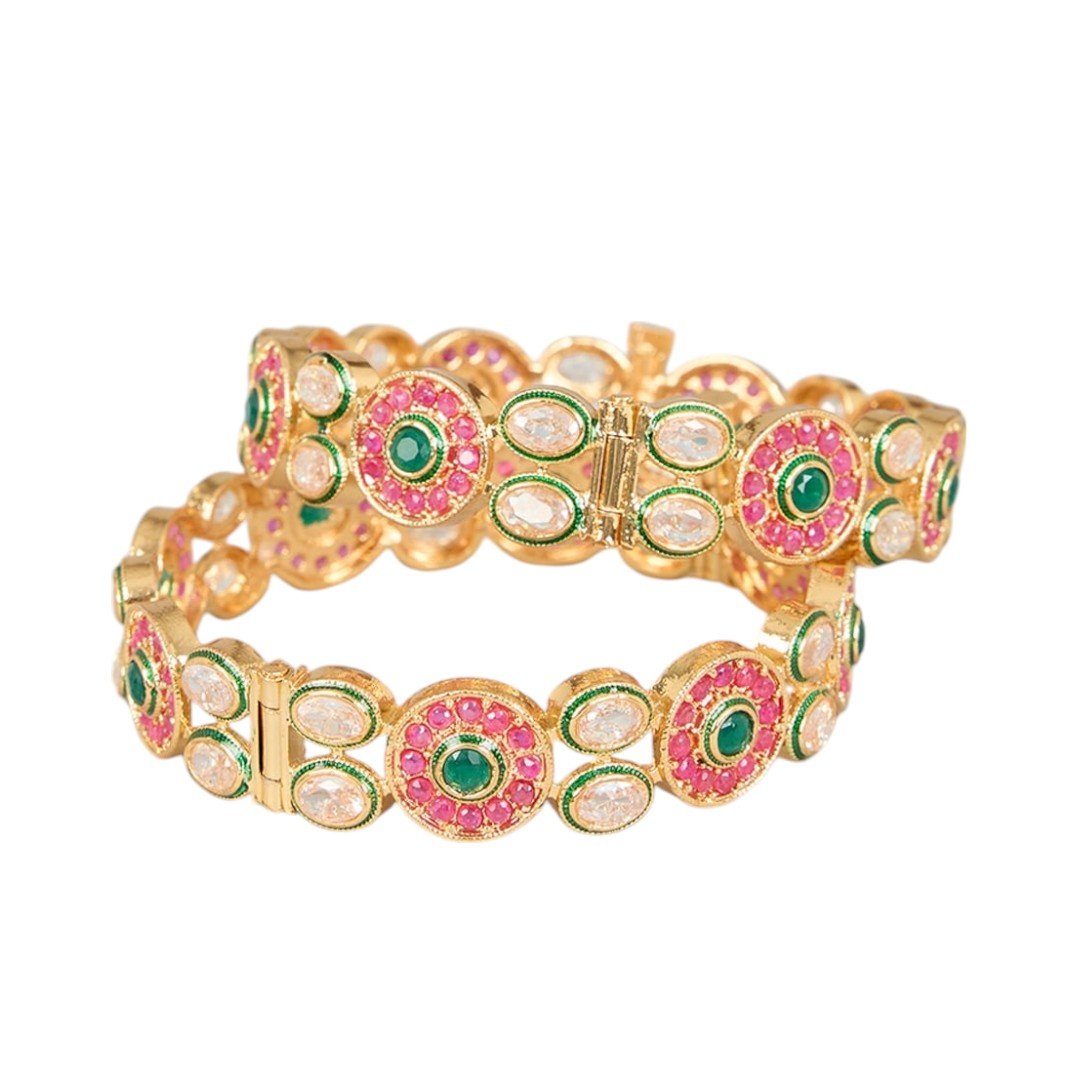 Gold Finish Multi - Colored Kundan Polki Bangles (Set of 2) - Auraa Trends - Bangles - # - Auraa Trends - Gold Finish Multi - Colored Kundan Polki Bangles (Set of 2)