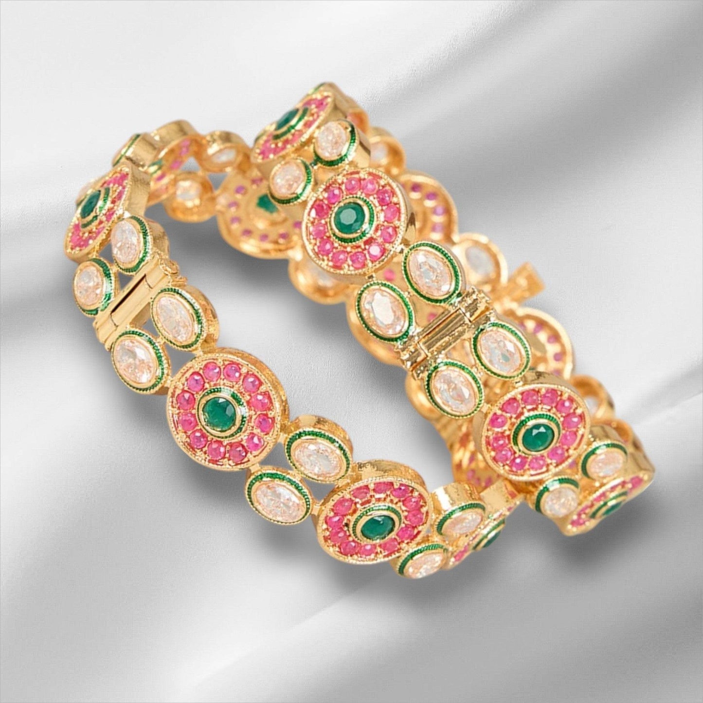 Gold Finish Multi-Colored Kundan Polki Bangles (Set of 2) - Auraa Trends
