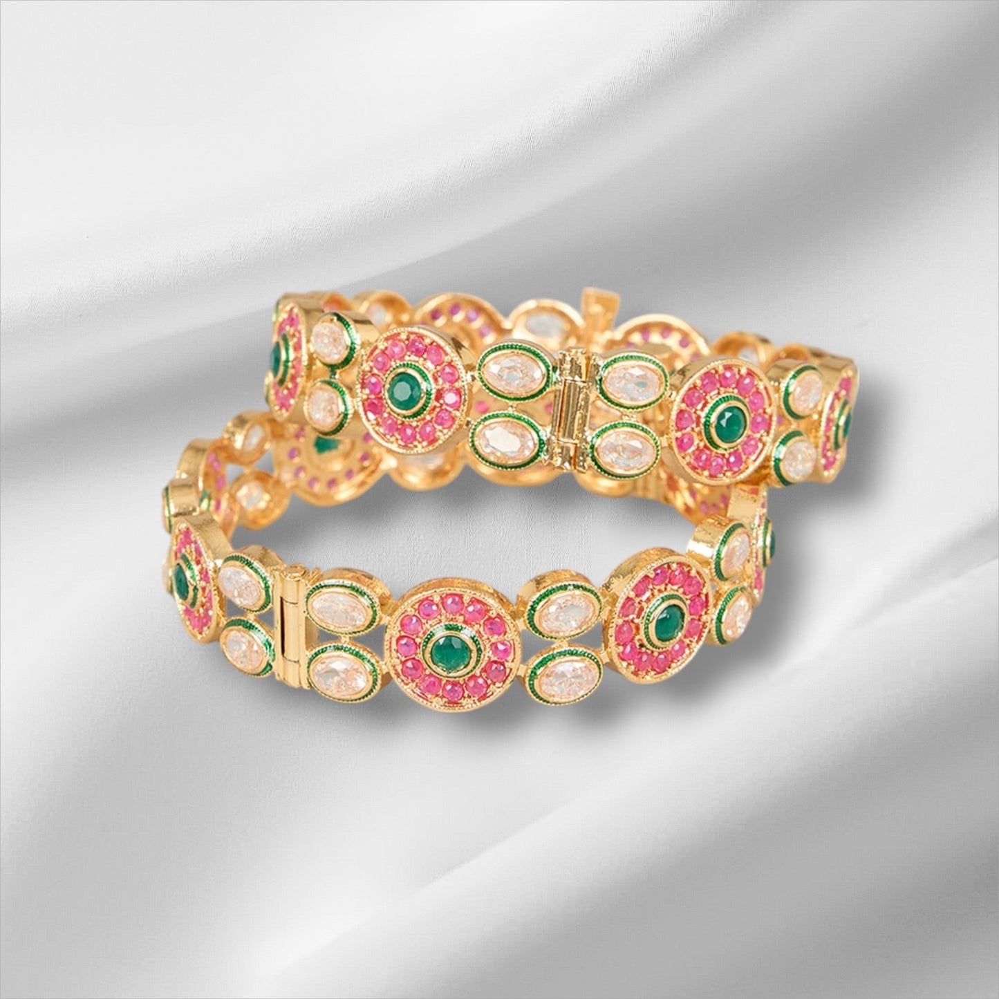 Gold Finish Multi - Colored Kundan Polki Bangles (Set of 2) - Auraa Trends - Bangles - # - Auraa Trends - Gold Finish Multi - Colored Kundan Polki Bangles (Set of 2)