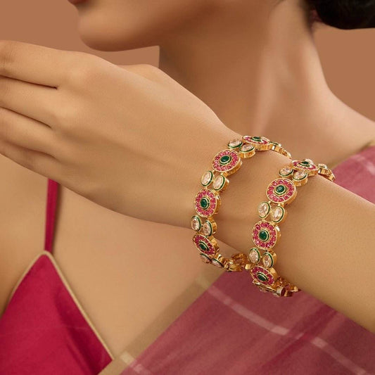 Gold Finish Multi-Colored Kundan Polki Bangles (Set of 2) - Auraa Trends