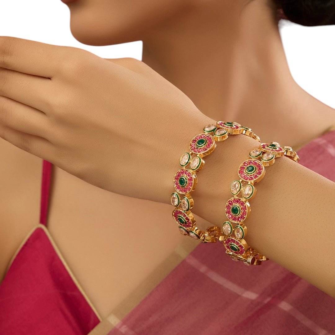 Gold Finish Multi-Colored Kundan Polki Bangles (Set of 2) - Auraa Trends