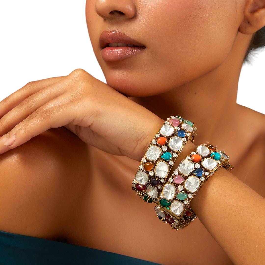 Gold Finish Multi - Colored Stone & Kundan Polki Bangle - Auraa Trends - Bangles - # - Auraa Trends - Gold Finish Multi - Colored Stone & Kundan Polki Bangle