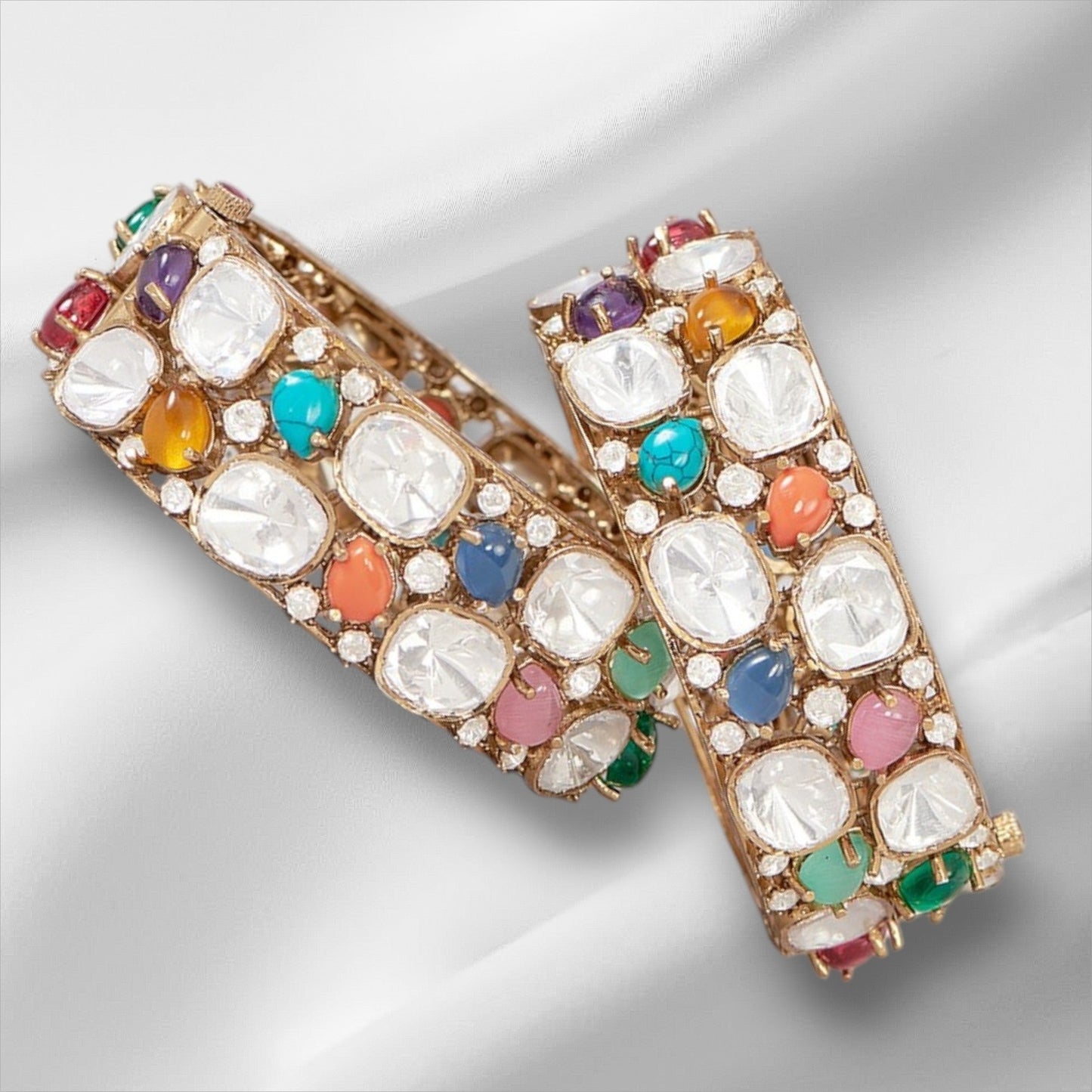 Gold Finish Multi - Colored Stone & Kundan Polki Bangle - Auraa Trends - Bangles - # - Auraa Trends - Gold Finish Multi - Colored Stone & Kundan Polki Bangle