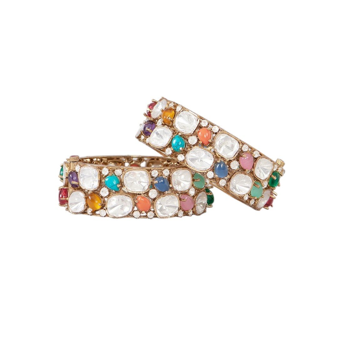 Gold Finish Multi - Colored Stone & Kundan Polki Bangle - Auraa Trends - Bangles - # - Auraa Trends - Gold Finish Multi - Colored Stone & Kundan Polki Bangle