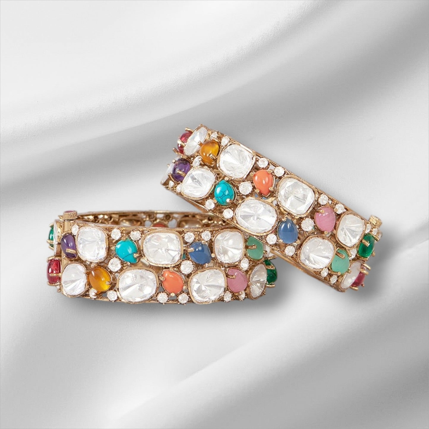 Gold Finish Multi - Colored Stone & Kundan Polki Bangle - Auraa Trends - Bangles - # - Auraa Trends - Gold Finish Multi - Colored Stone & Kundan Polki Bangle