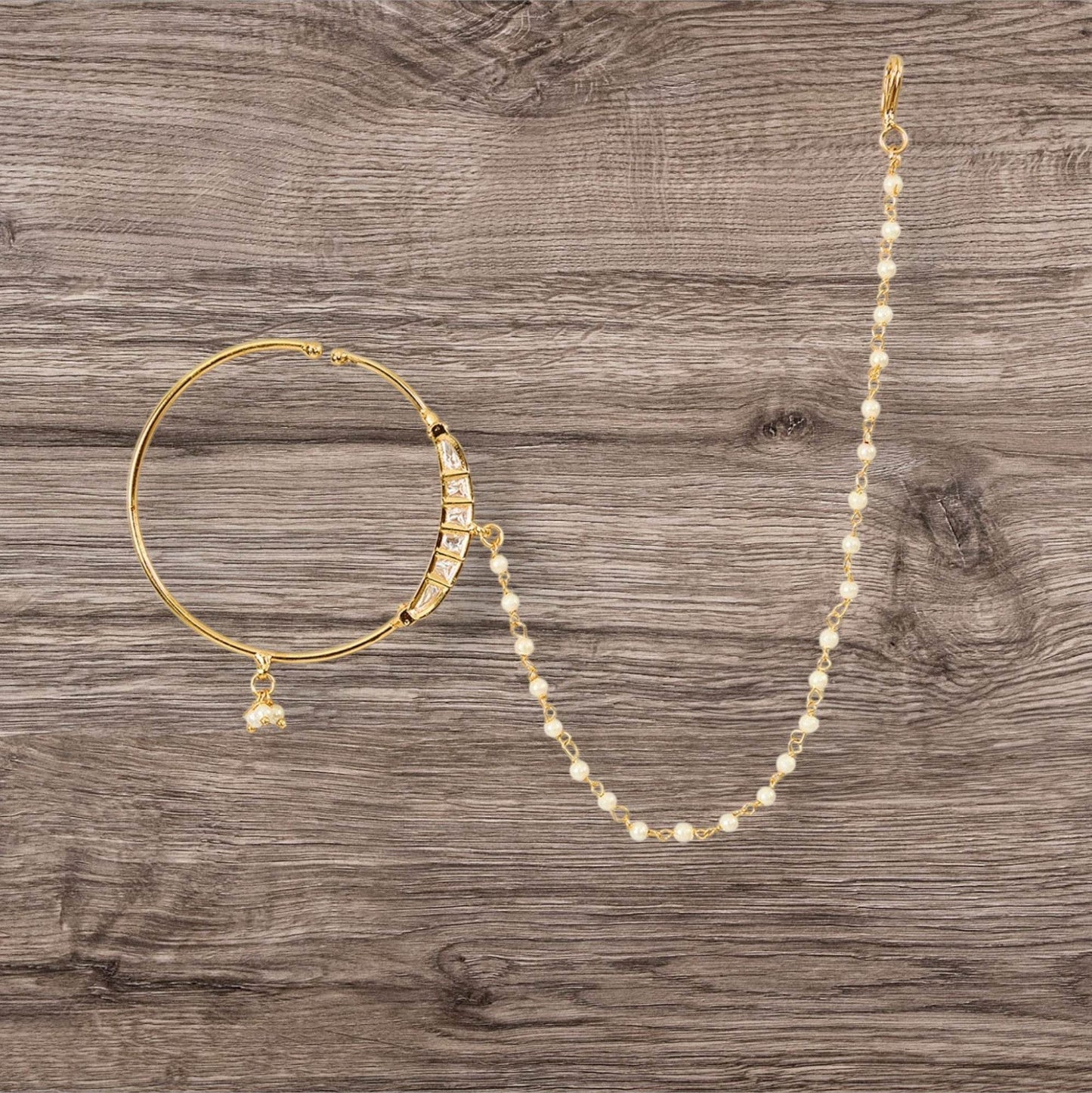 Gold Finish Pearl Chain Nath - Auraa Trends