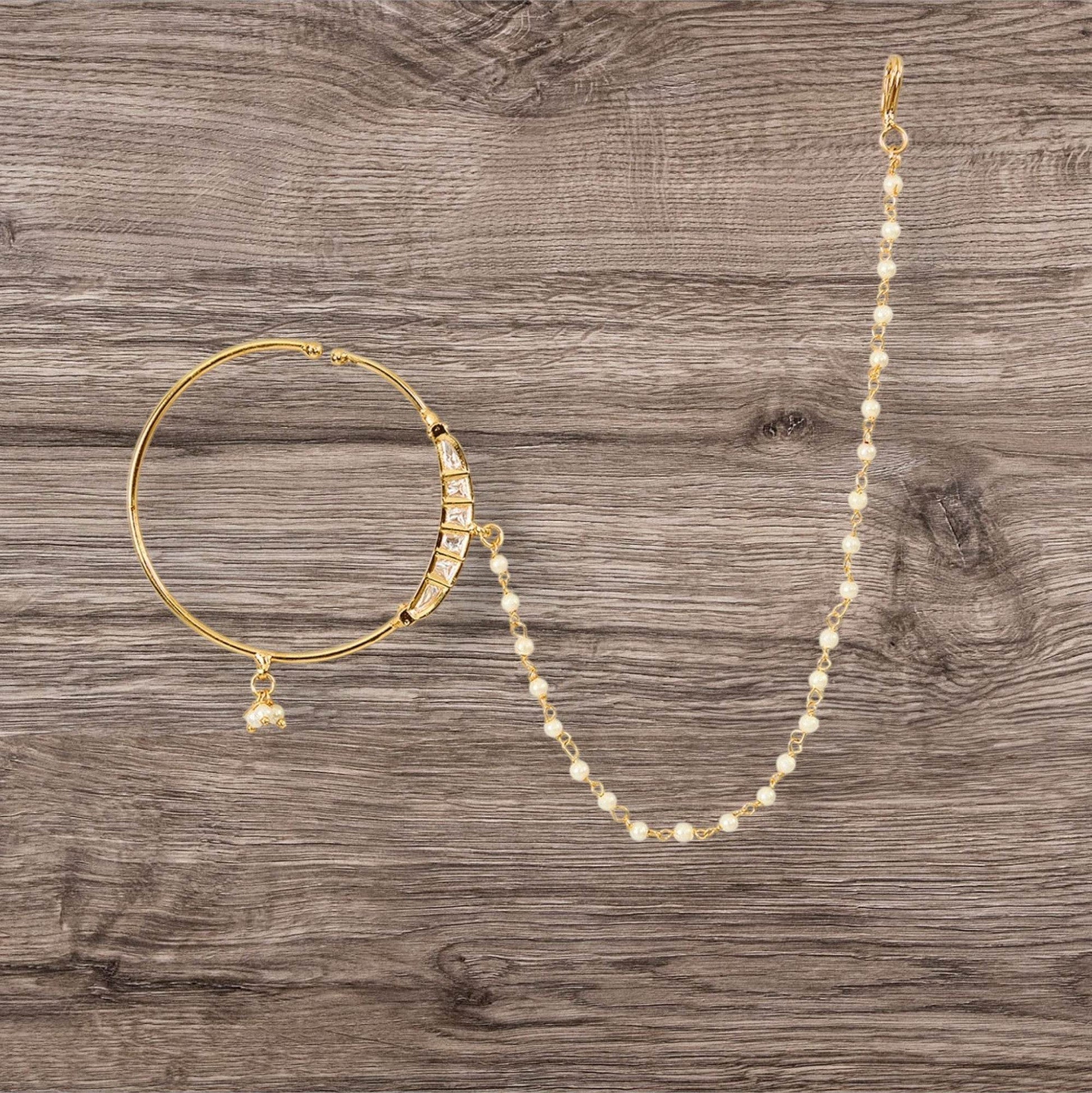 Gold Finish Pearl Chain Nath - Auraa Trends
