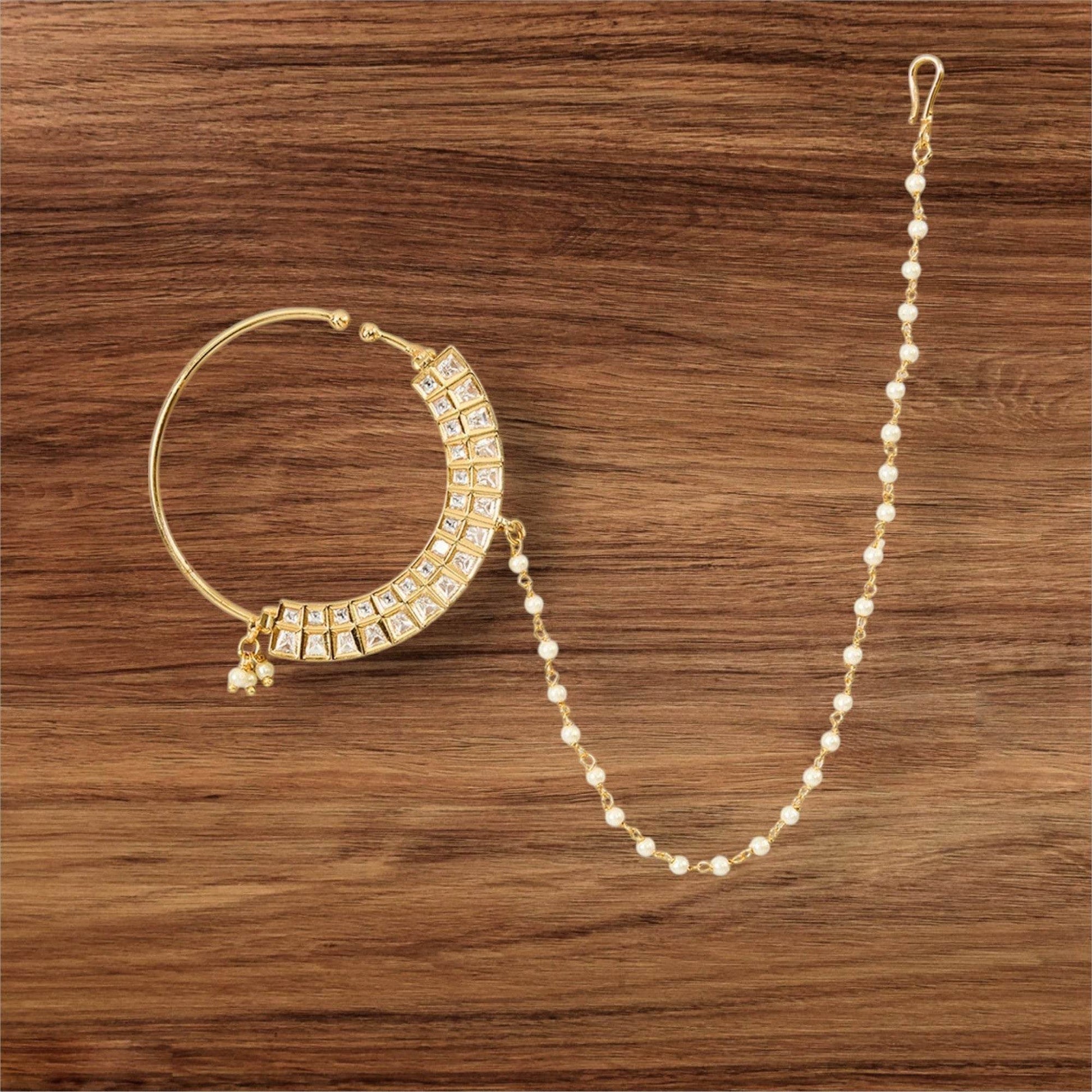 Gold Finish Pearl Chain Nath - Auraa Trends