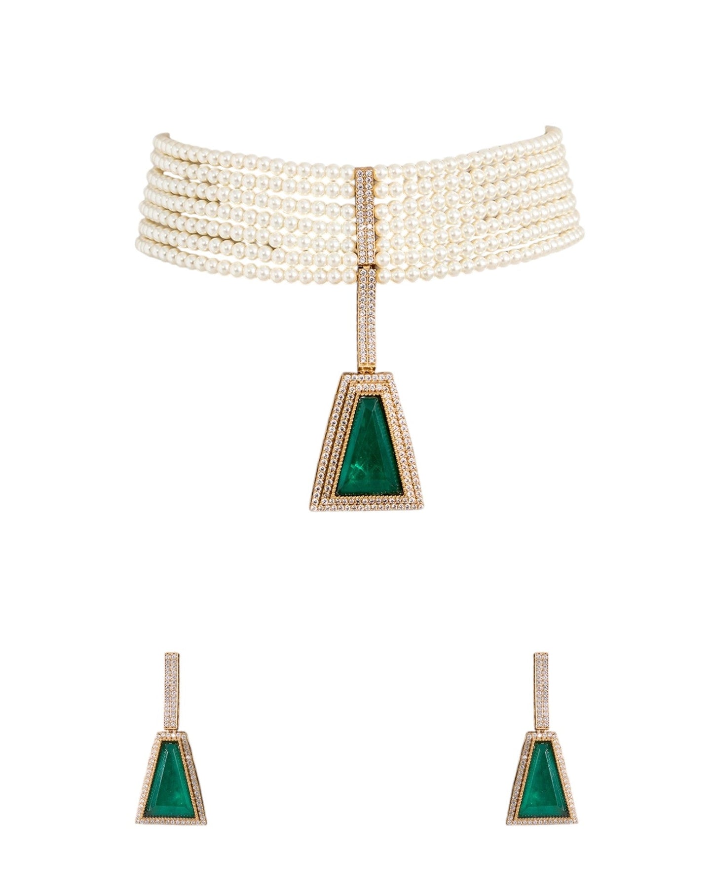Gold Finish Pearl & Emerald Drop Choker Pendant Necklace Set – Traditional Bridal Jewelry for Weddings & Festive Wear - Auraa Trends - necklace - - Auraa Trends - Gold Finish Pearl & Emerald Drop Choker Pendant Necklace Set – Traditional Bridal Jewelry for Weddings & Festive Wear