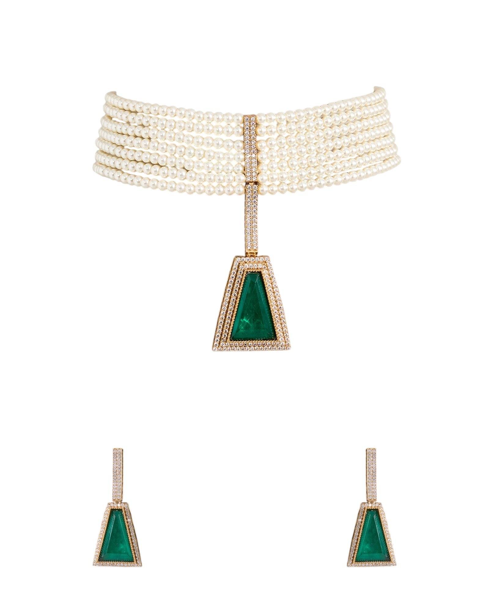 Gold Finish Pearl & Emerald Drop Choker Pendant Necklace Set – Traditional Bridal Jewelry for Weddings & Festive Wear - Auraa Trends