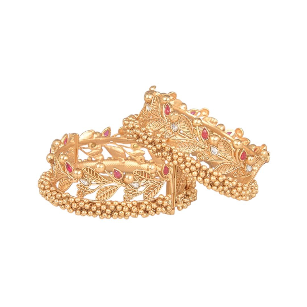 Gold Finish Pearl & Kundan Polki Bangles (Set of 2) - Auraa Trends - Bangles - # - Auraa Trends - Gold Finish Pearl & Kundan Polki Bangles (Set of 2)