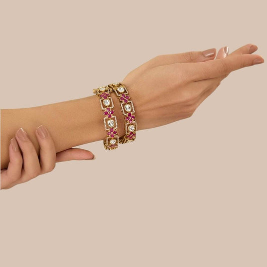 Gold Finish Polki Diamond Bangles (Set Of 2) - Auraa Trends