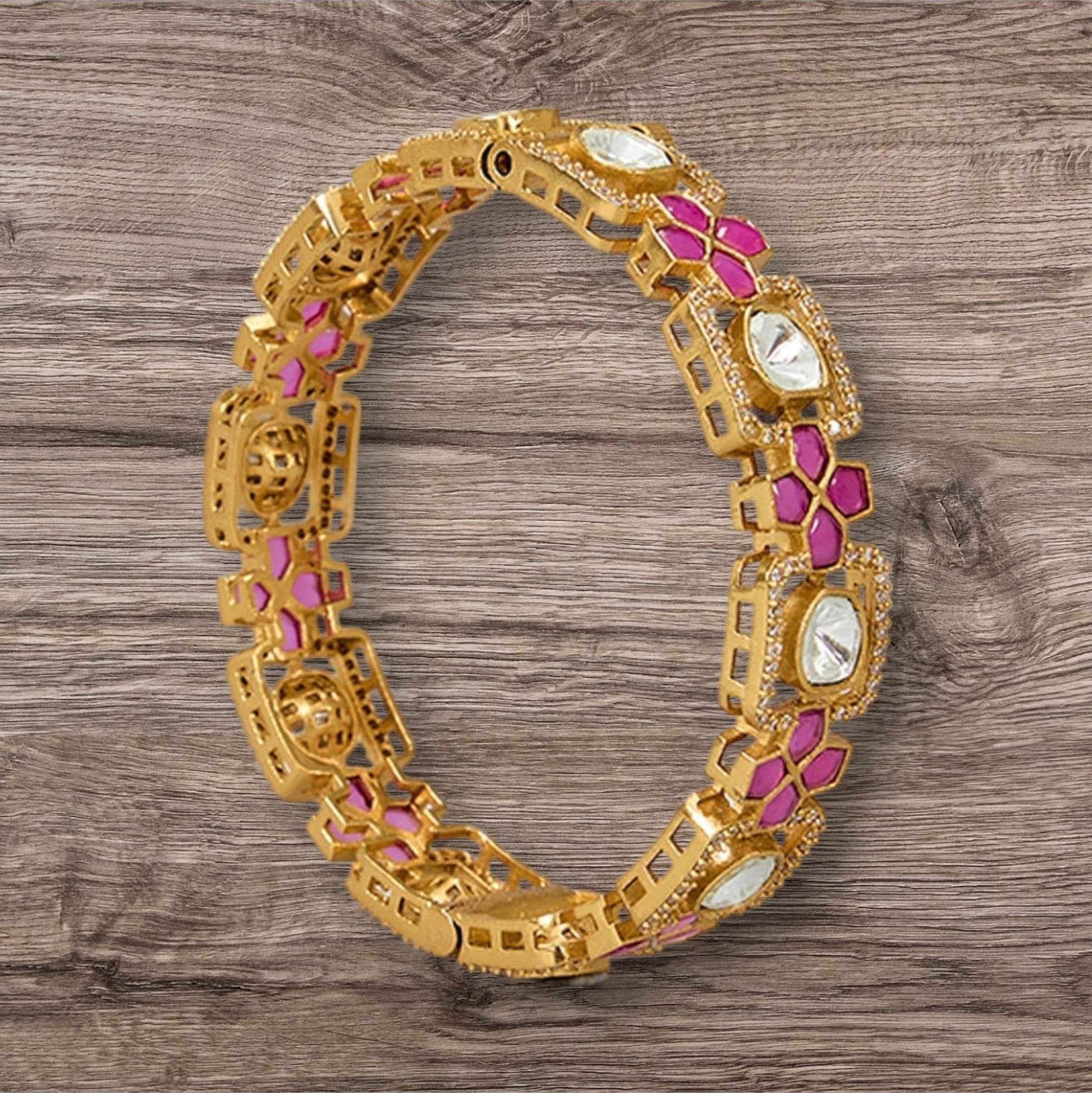Gold Finish Polki Diamond Bangles (Set Of 2) - Auraa Trends
