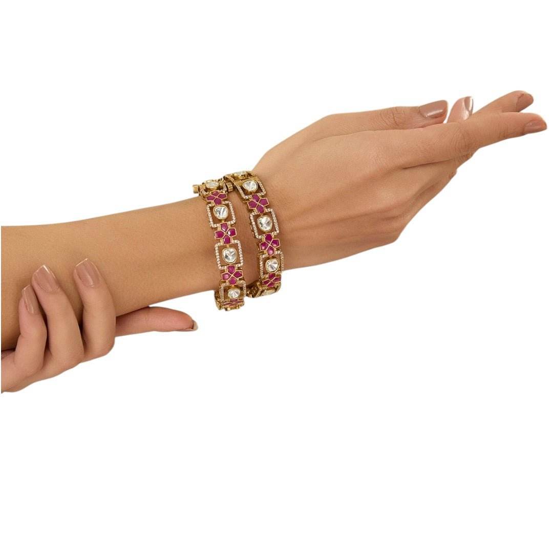 Gold Finish Polki Diamond Bangles (Set Of 2) - Auraa Trends