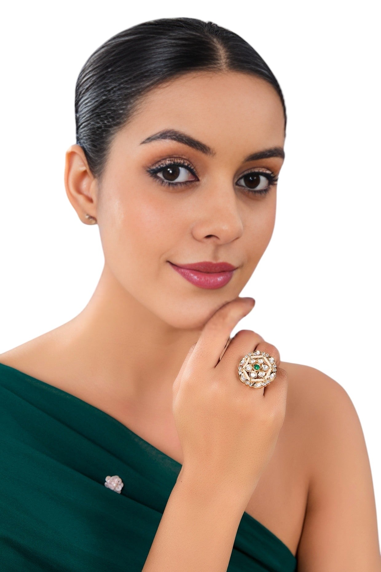 Gold Finish Ring Pearl and Green Stone Cluster - Auraa Trends - Rings - Gold Finish Ring Pearl and Green Stone Cluster