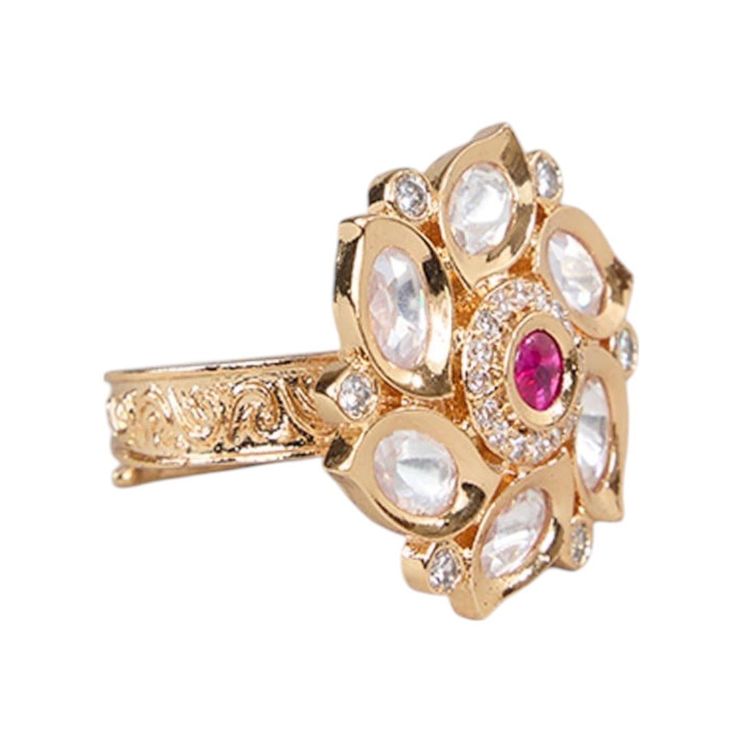 Gold Finish Ring Pearl and Green Stone Cluster - Auraa Trends - Rings - Gold Finish Ring Pearl and Green Stone Cluster