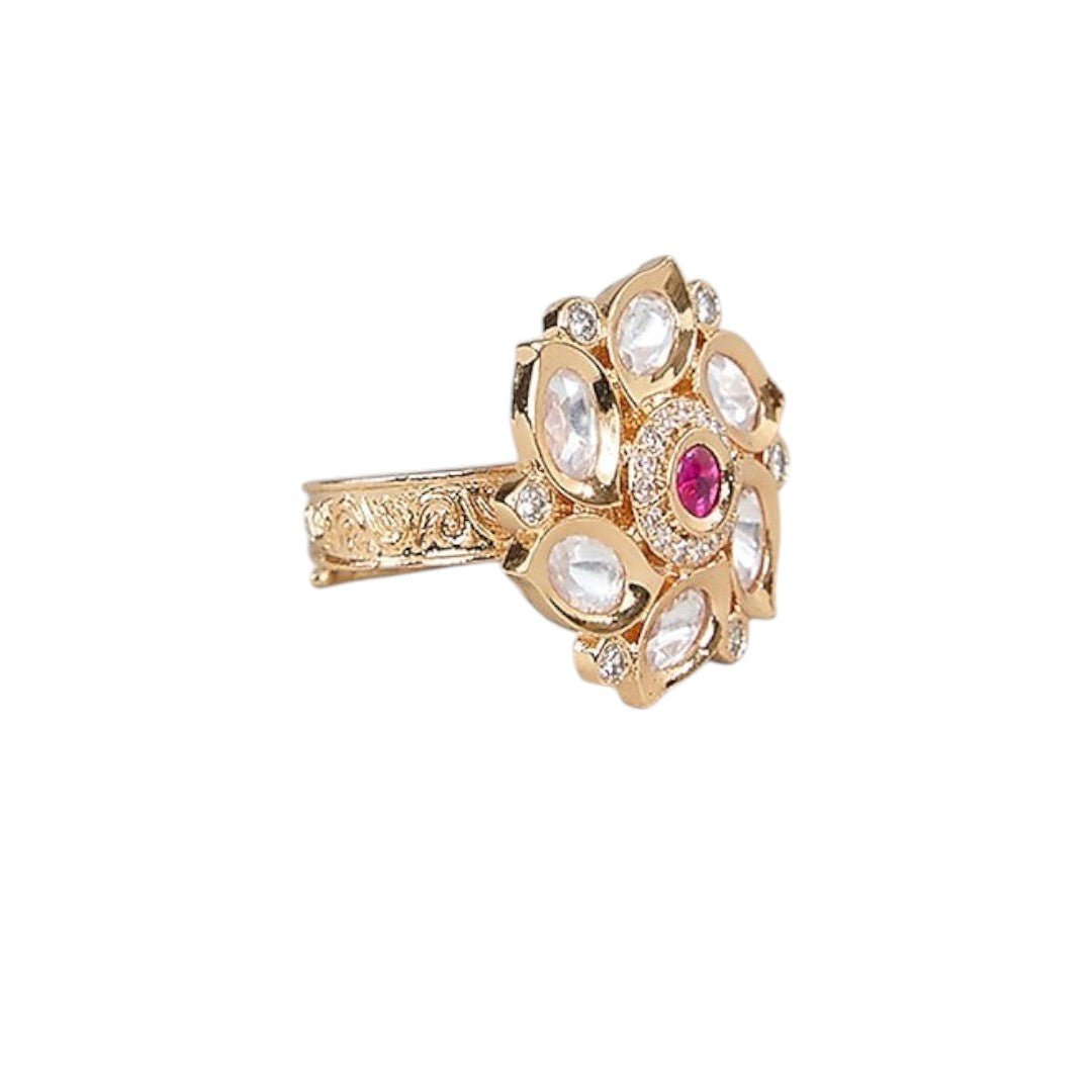 Gold Finish Ring Pearl and Green Stone Cluster - Auraa Trends - Rings - Gold Finish Ring Pearl and Green Stone Cluster