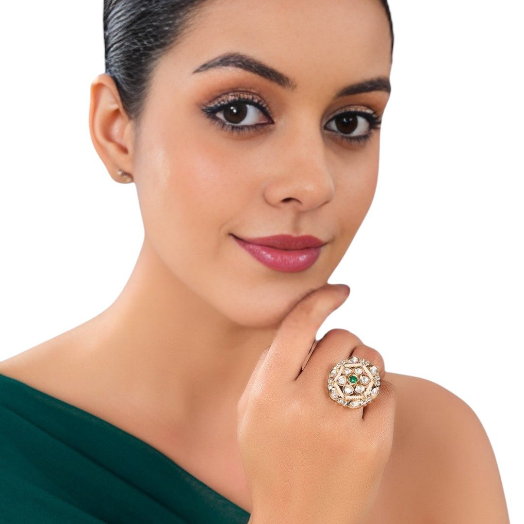 Gold Finish Ring Pearl and Green Stone Cluster - Auraa Trends - Rings - Gold Finish Ring Pearl and Green Stone Cluster