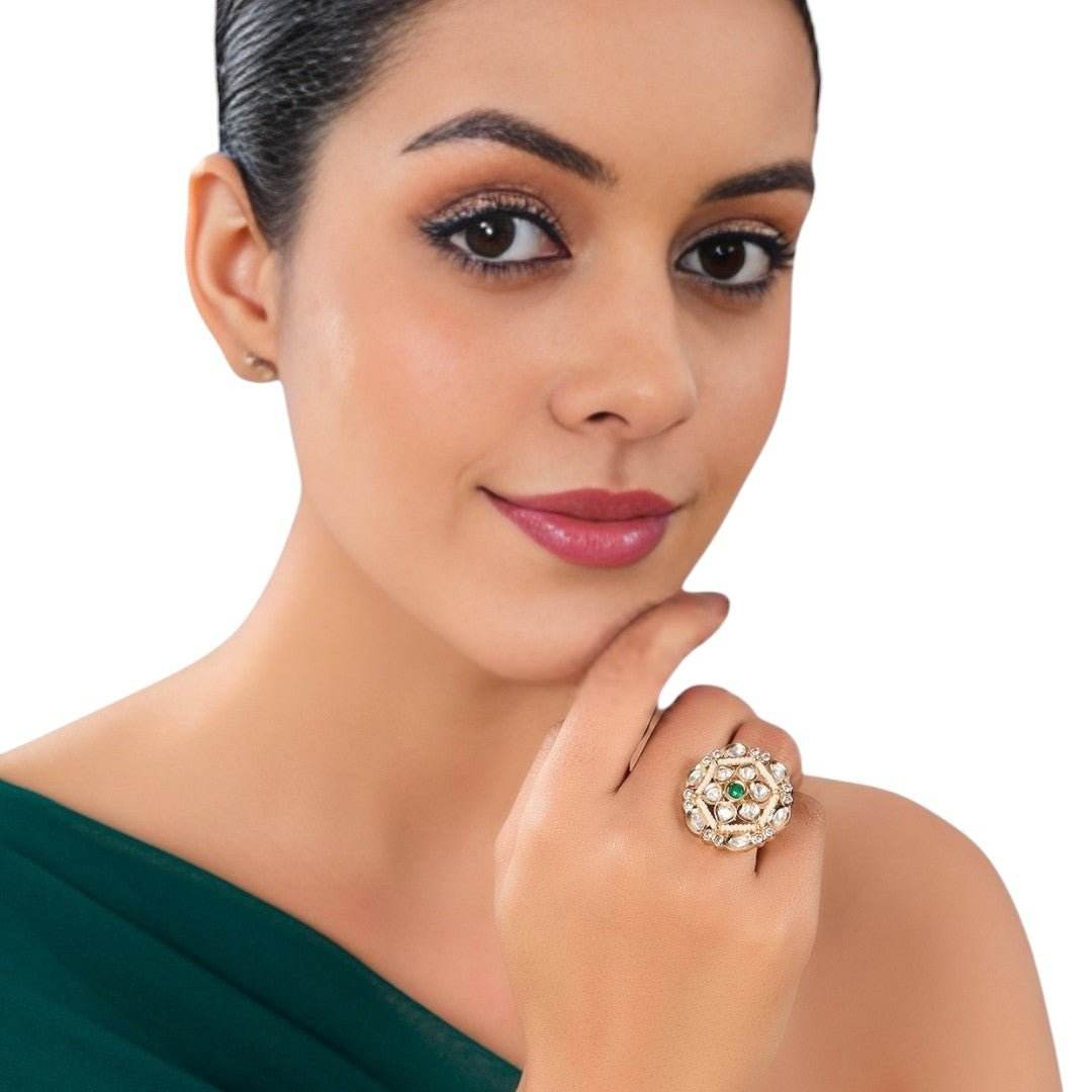 Gold Finish Ring Pearl and Green Stone Cluster - Auraa Trends