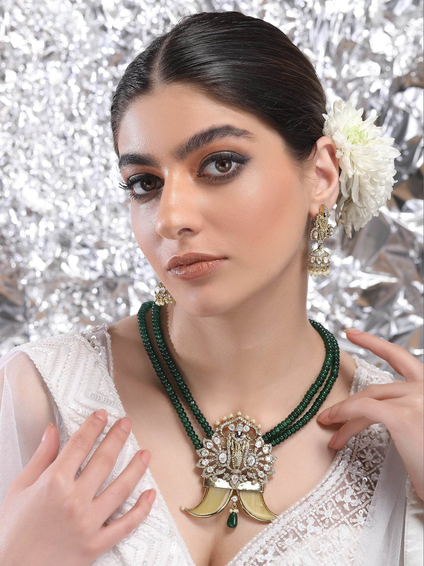 Gold Finish White Pearl Necklace Set - Auraa Trends