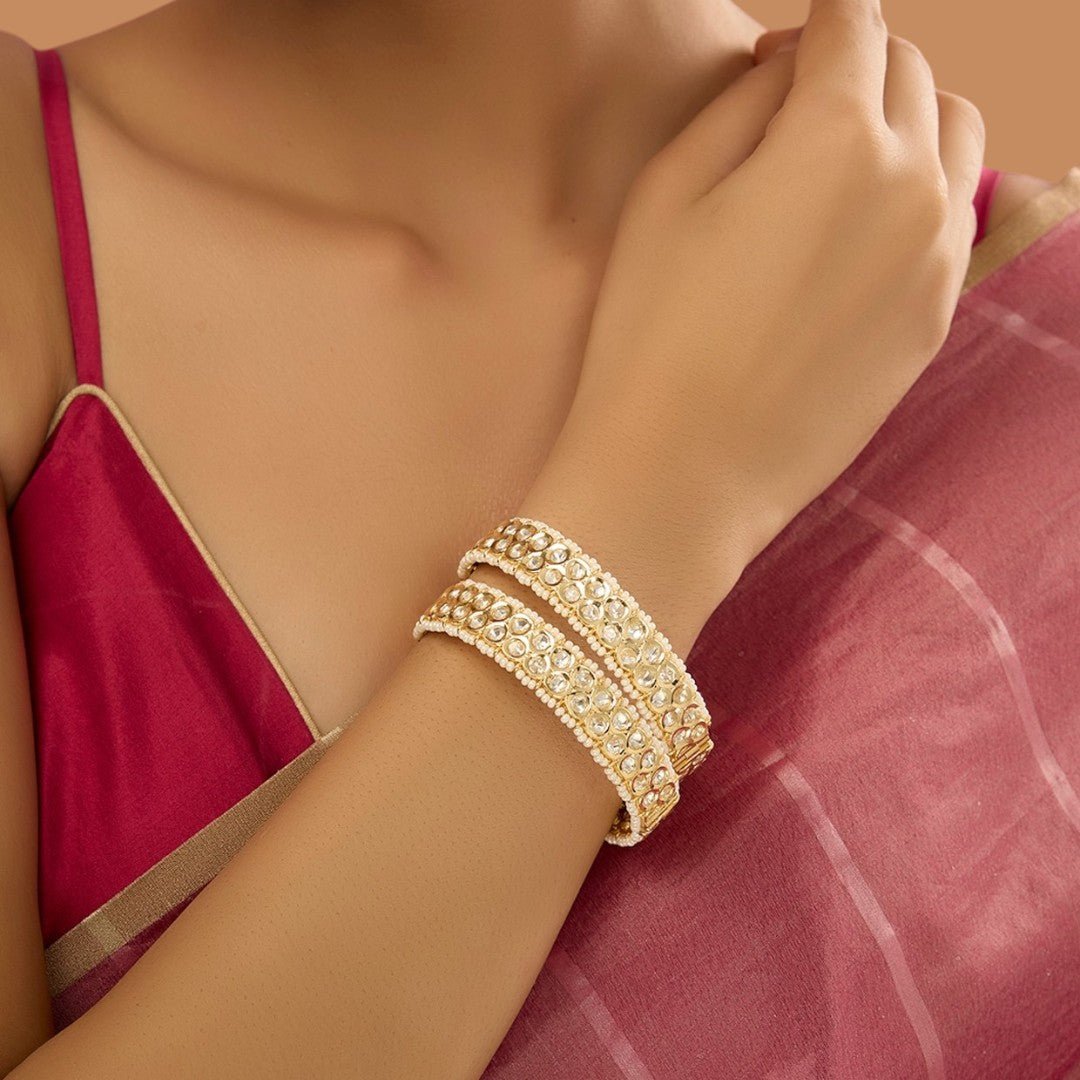 Gold Finish Zircon & Kundan Polki Bangles (Set of 2) - Auraa Trends - Bangles - # - Auraa Trends - Gold Finish Zircon & Kundan Polki Bangles (Set of 2)