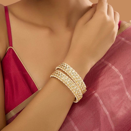 Gold Finish Zircon & Kundan Polki Bangles (Set of 2) - Auraa Trends