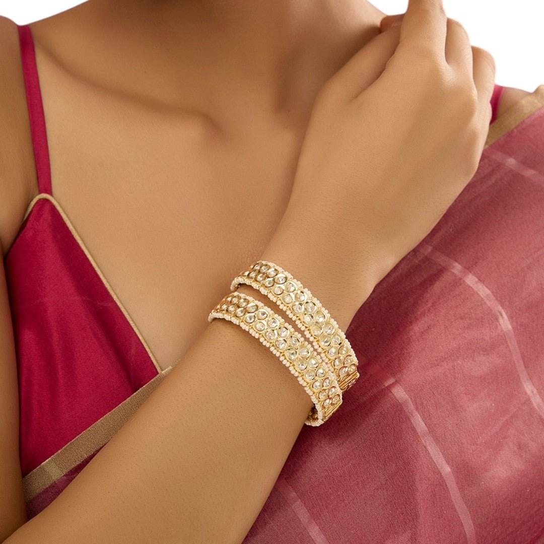 Gold Finish Zircon & Kundan Polki Bangles (Set of 2) - Auraa Trends