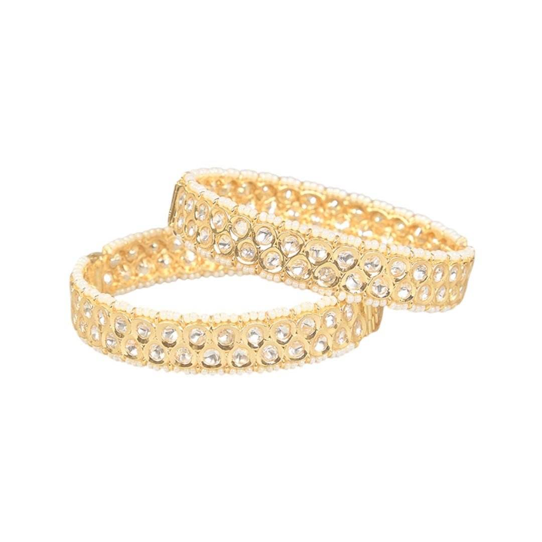 Gold Finish Zircon & Kundan Polki Bangles (Set of 2) - Auraa Trends