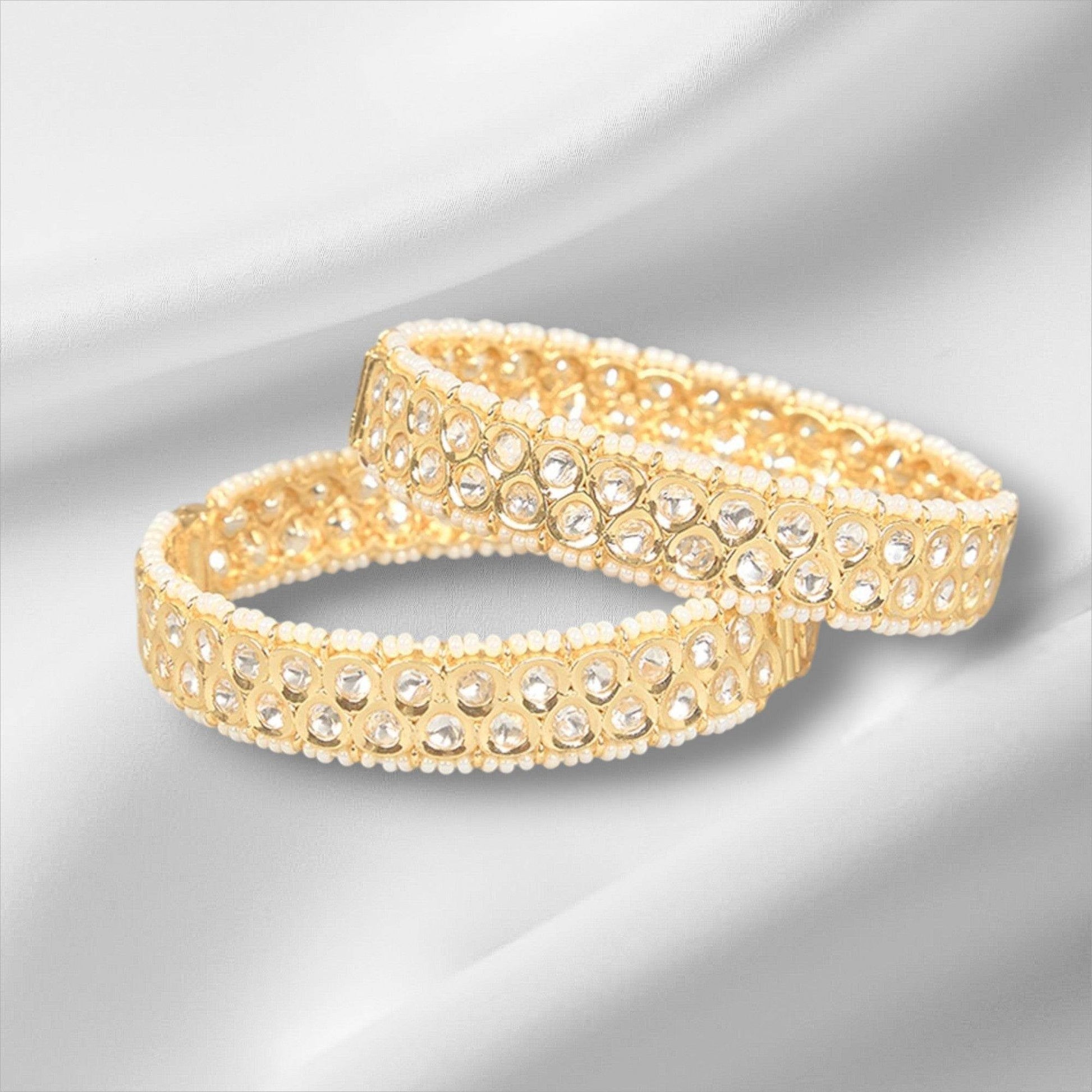 Gold Finish Zircon & Kundan Polki Bangles (Set of 2) - Auraa Trends