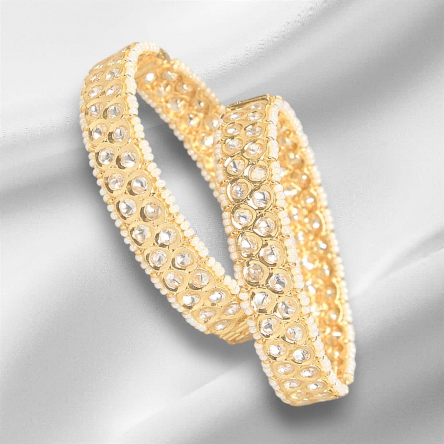 Gold Finish Zircon & Kundan Polki Bangles (Set of 2) - Auraa Trends