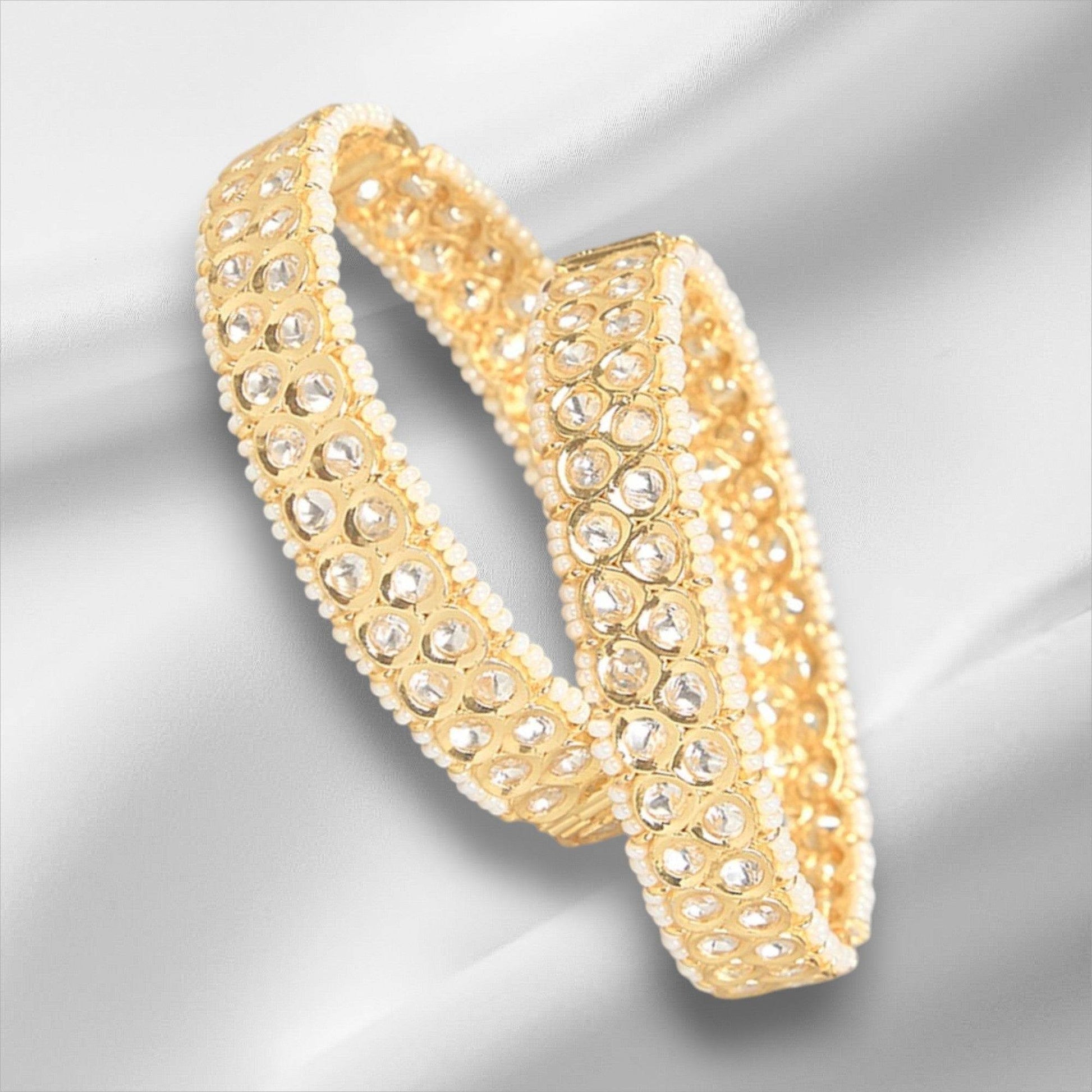 Gold Finish Zircon & Kundan Polki Bangles (Set of 2) - Auraa Trends