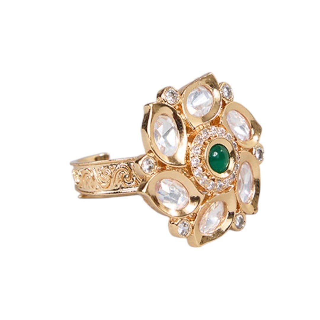 Gold Floral Ring with Green Stone and Diamond Accents - Auraa Trends - Rings - Gold Floral Ring with Green Stone and Diamond