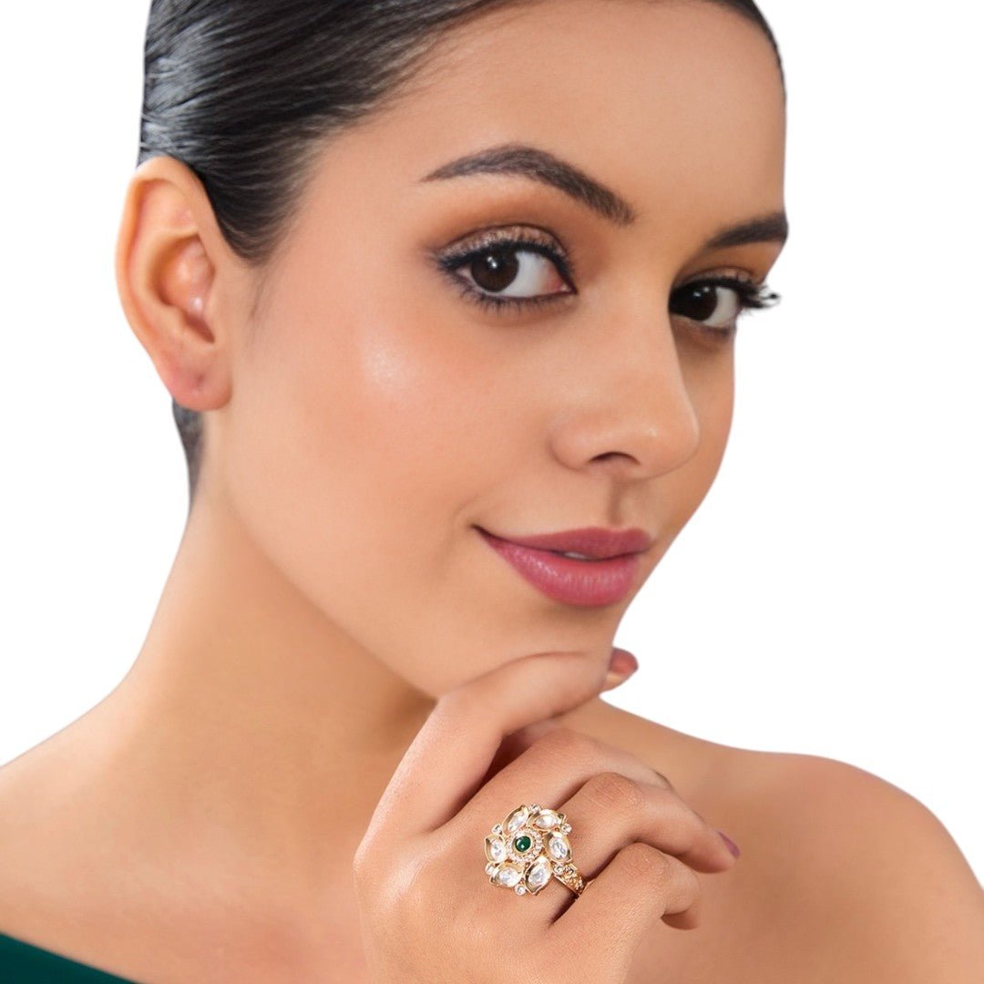 Gold Floral Ring with Green Stone and Diamond Accents - Auraa Trends - Rings - Gold Floral Ring with Green Stone and Diamond