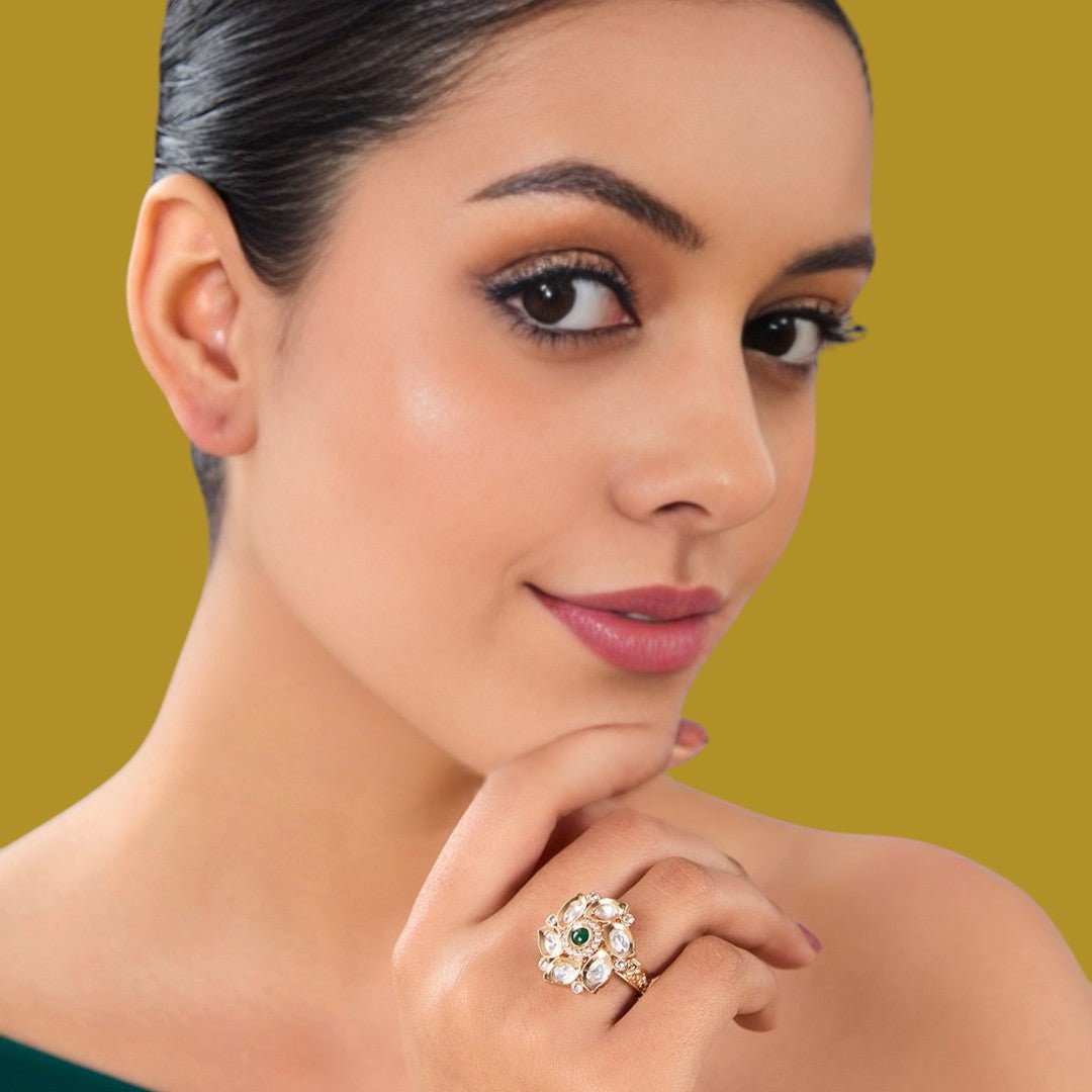 Gold Floral Ring with Green Stone and Diamond Accents - Auraa Trends - Rings - Gold Floral Ring with Green Stone and Diamond