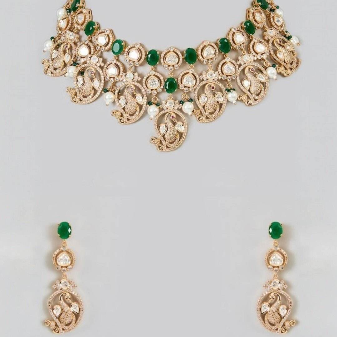 Gold-Plated Artificial Stone-Studded & Beaded Peacock-Inspired Jewellery Set - Auraa Trends