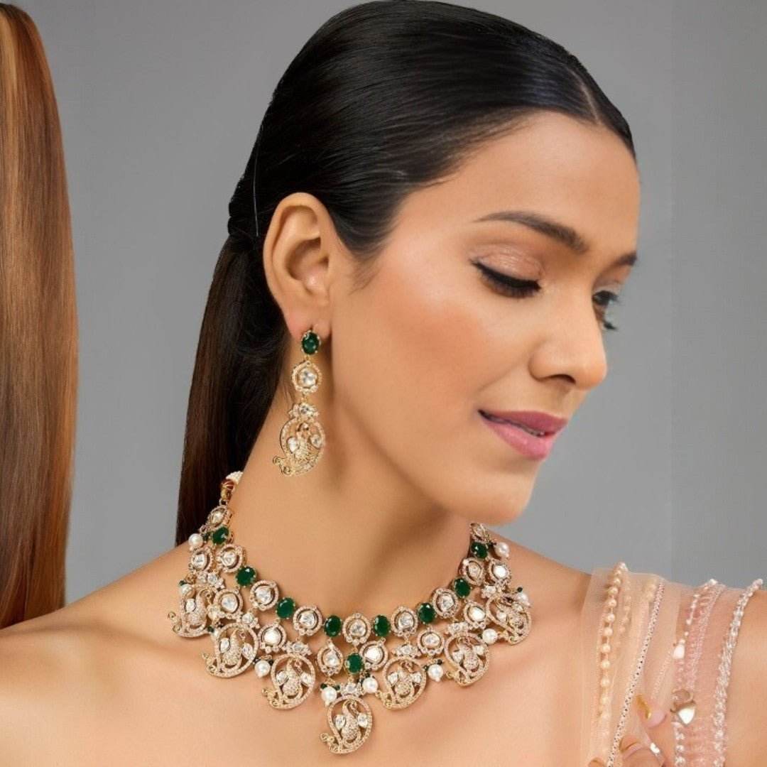 Gold-Plated Artificial Stone-Studded & Beaded Peacock-Inspired Jewellery Set - Auraa Trends
