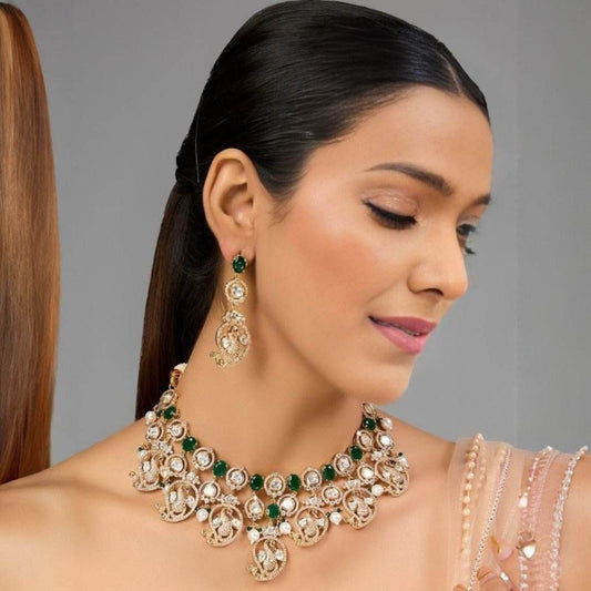 Gold-Plated Artificial Stone-Studded & Beaded Peacock-Inspired Jewellery Set - Auraa Trends