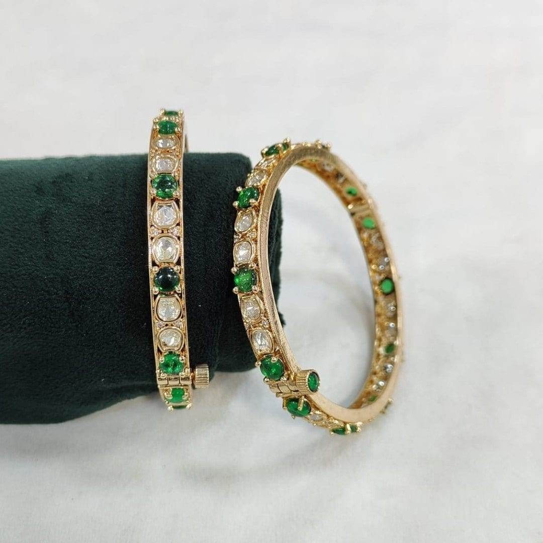 Gold-Plated Bangles with Green and White Kundan Stones - Auraa Trends