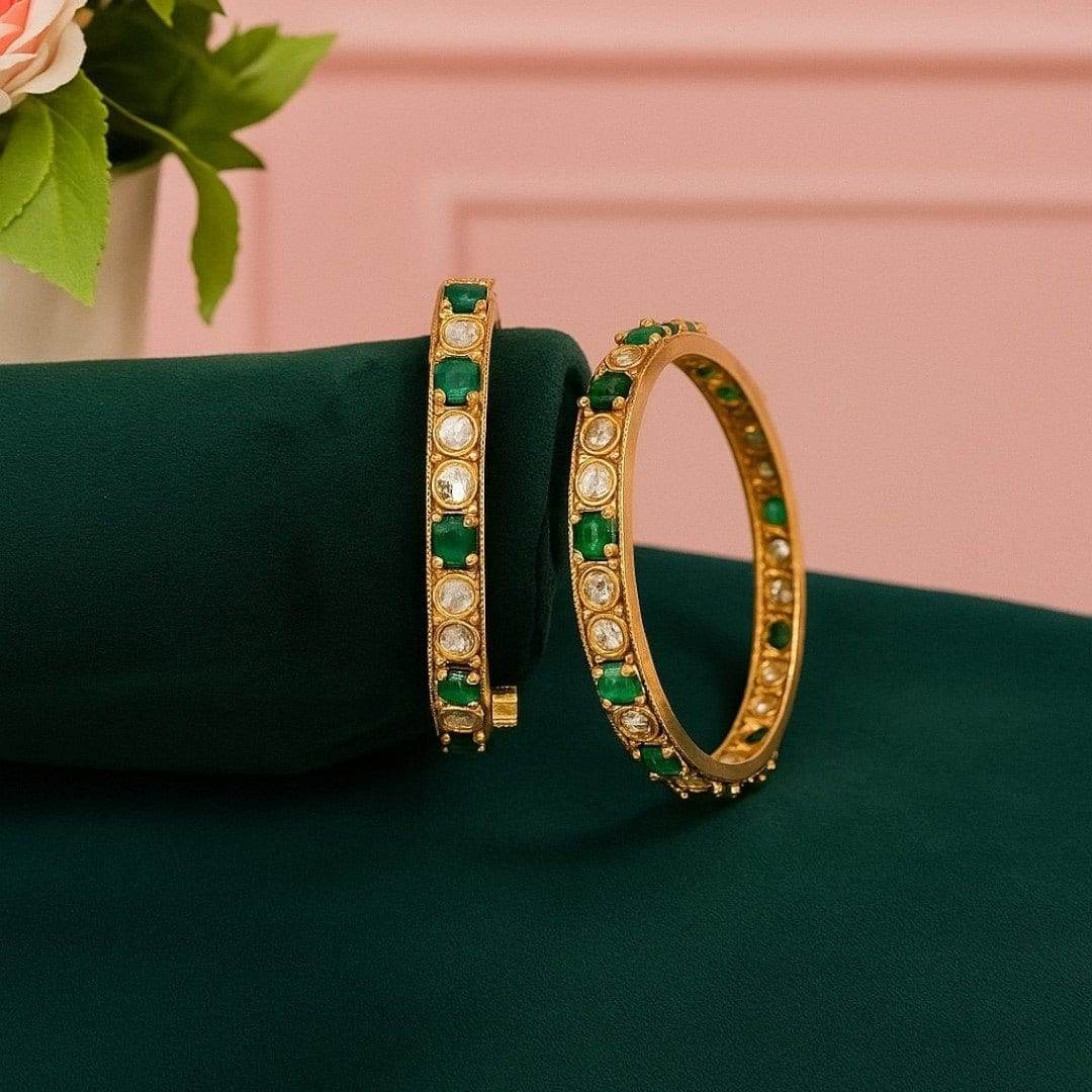 Gold-Plated Bangles with Green and White Kundan Stones - Auraa Trends